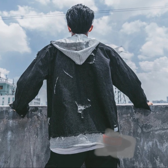 Denim Hooded Jacket Japanese/Hong Kong Style Distress Jacket Hole Retro Loose - Picture 2 of 13